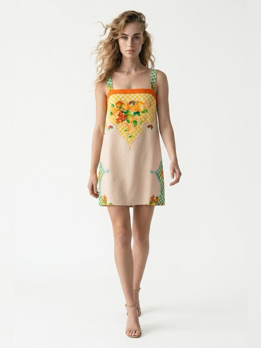 ANTONIO MELANI Beige Shift Dress with Green & Orange Fruit Motif